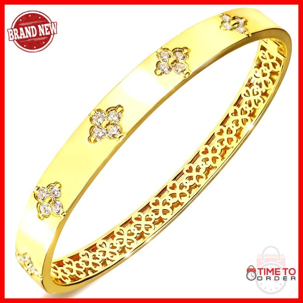 14K Gold Plated Moissanite Clover Bangle Bracelet, 7" Circumference, Gift